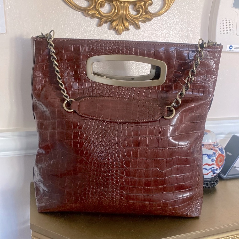 Liz Claiborne Bag Tote Purse Brown Faux Crocodile Leather